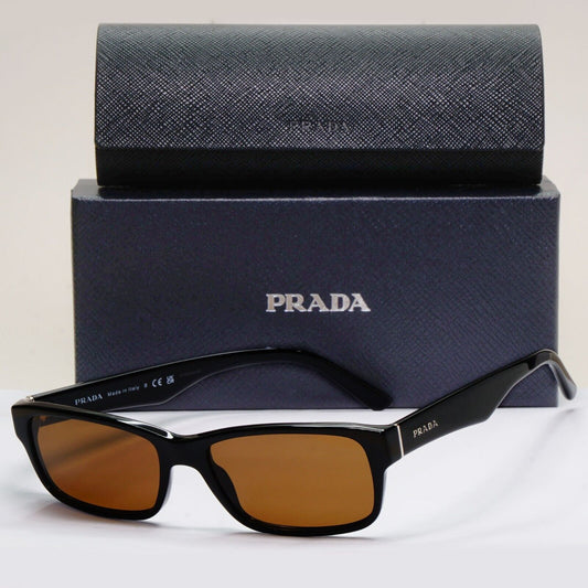 Prada Sunglasses Black Brown Glossy Rectangle Square PR16MV VPR 16M 1AB-1O1 53mm