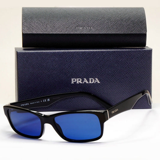 Prada Sunglasses Black Blue Glossy Rectangle Square PR16MV VPR 16M 1AB-1O1 53mm