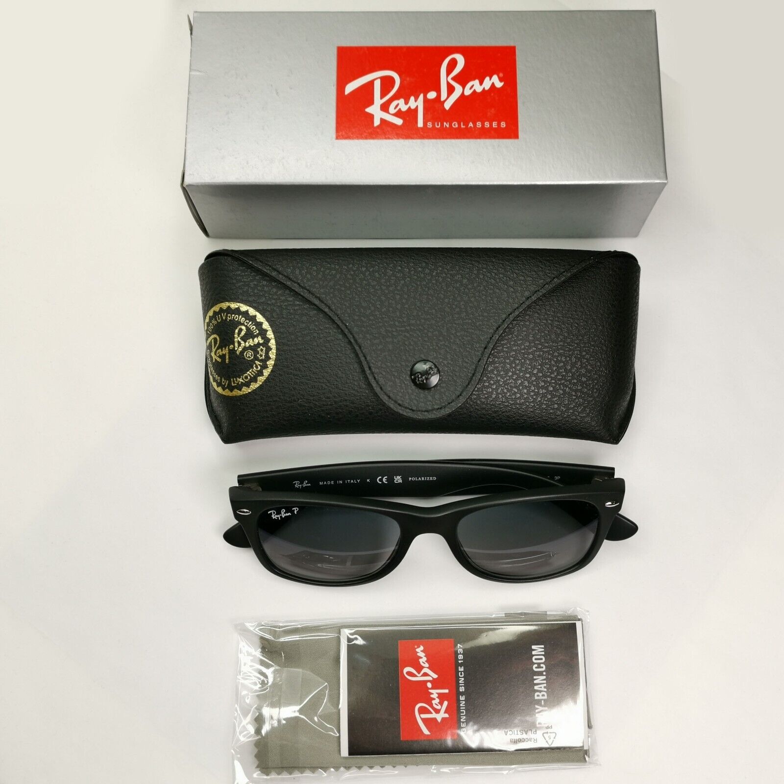 Ray-Ban Sunglasses Polarised New Wayfarer Black Matte Blue RB 2132 601-S/78 52mm