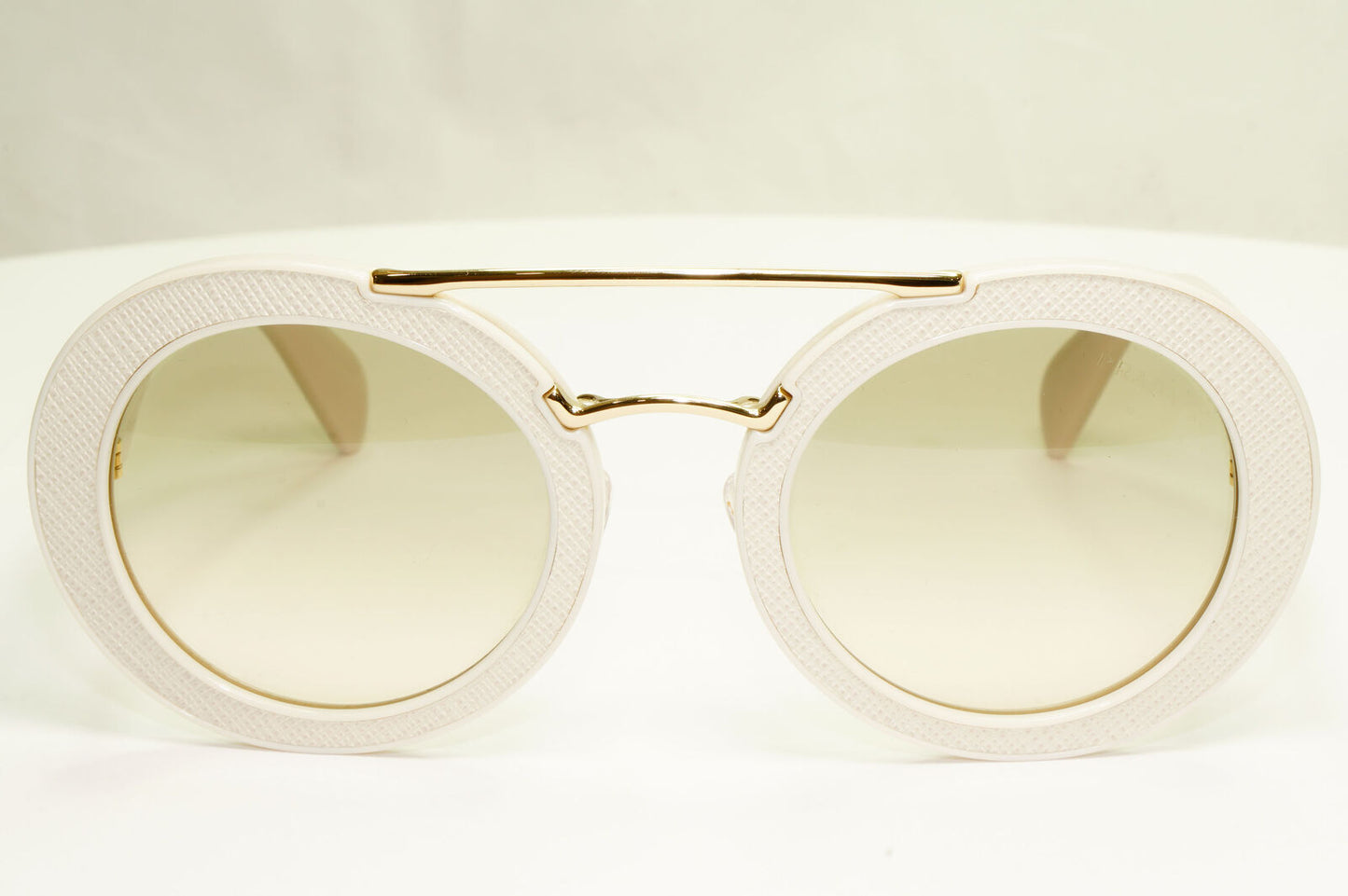 Prada White Ivory Ornate Sunglasses Leather Triangle Gold PR15SS SPR 15S UFP-3H2