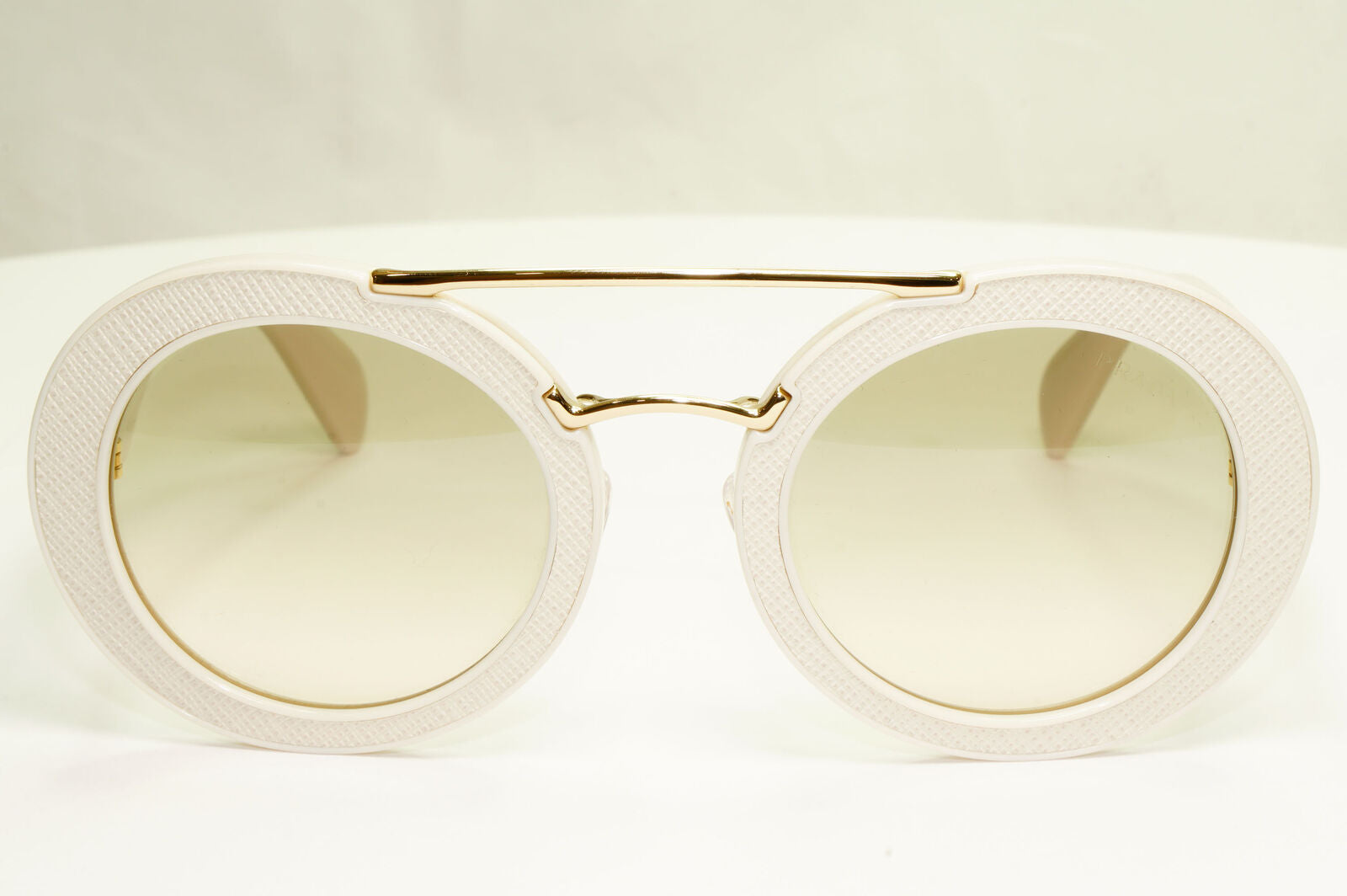 Prada White Ivory Ornate Sunglasses Leather Triangle Gold PR15SS SPR 15S UFP-3H2