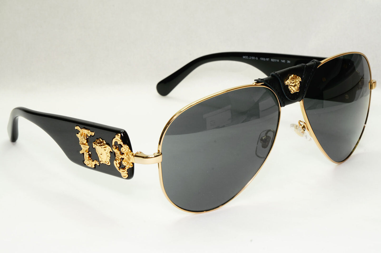 Versace Sunglasses Black Gold Pilot Medusa Leather Ornate MOD VE 2150-Q 1002/87