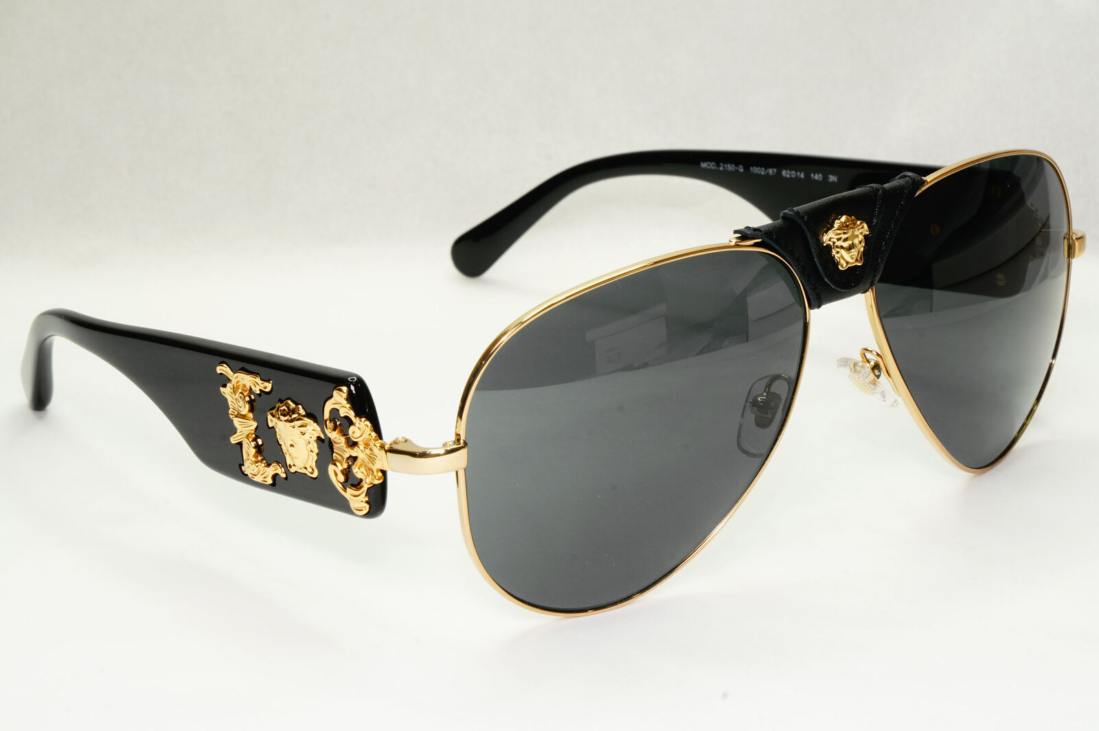 Versace Sunglasses Black Gold Pilot Medusa Leather Ornate MOD VE 2150-Q 1002/87