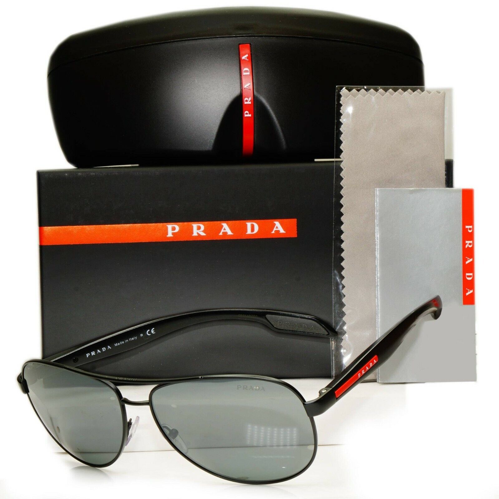 Prada Black Grey Mirror Pilot Sunglasses Mens SPS 53P 1BO-7W1 Red Stripe Sport