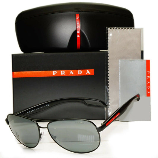 Prada Black Grey Mirror Pilot Sunglasses Mens SPS 53P 1BO-7W1 Red Stripe Sport