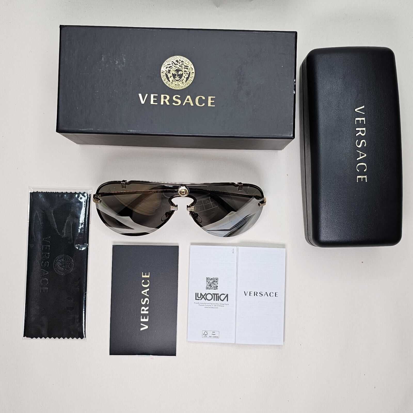 Versace Sunglasses Gold Silver Mirror Medusa Pilot Shield MOD VE 2243 1002/6G