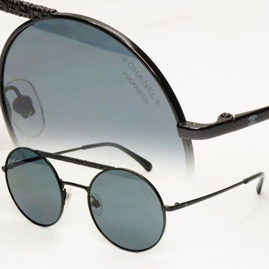 Chanel Black Polarized Sunglasses Round Metal Pilot Grey 4232 c.101/T8