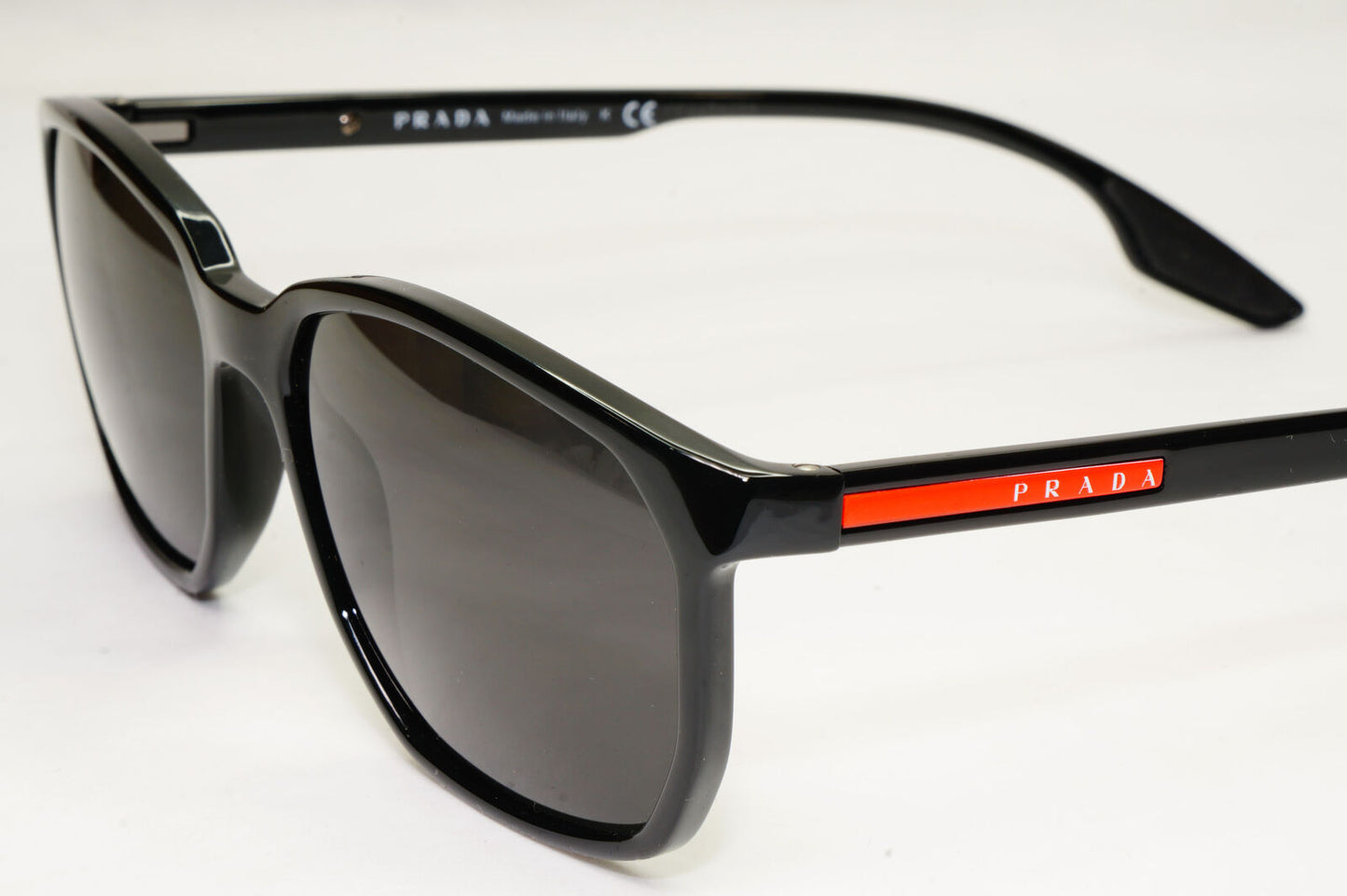 Prada Sunglasses Black Glossy Square Red Stripe PS03MV VPS 03M 1AB-1O1 55mm