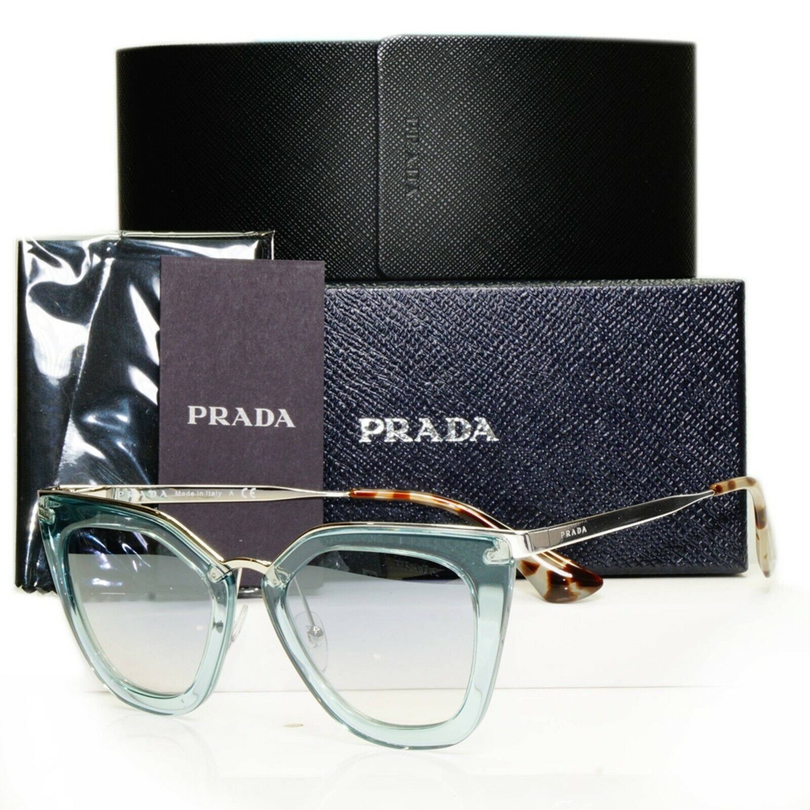 Prada Silver Blue Grey Square Sunglasses Cinema Collection Women SPR 53S VYS-5R0