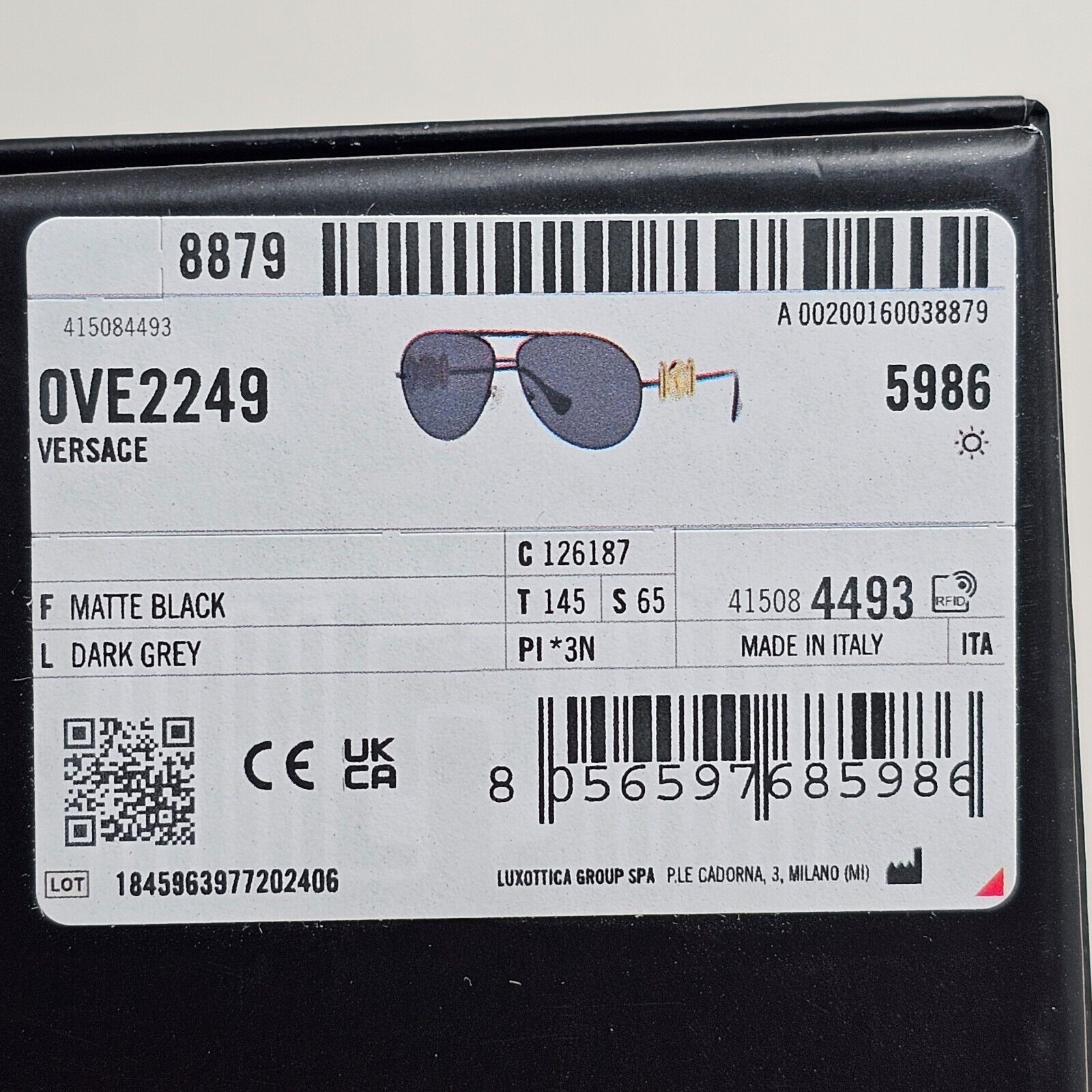 Versace Sunglasses Black Matte Gold Medusa Pilot MOD VE 2249 1261/87 65mm