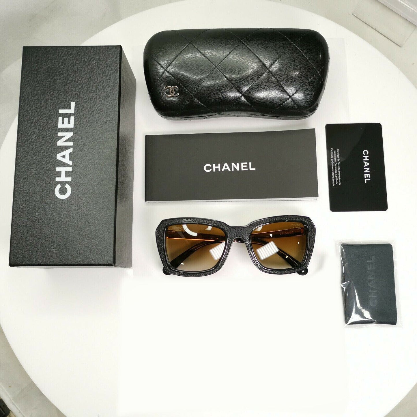 Chanel Stingray Leather Sunglasses Polarized Black Gold Brown 6047-Q 622/S9
