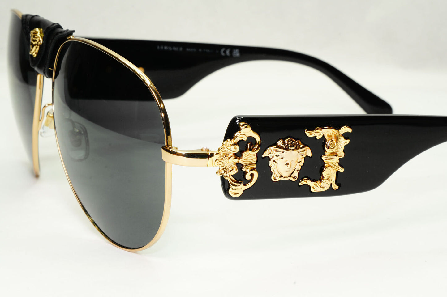 Versace Sunglasses Black Gold Pilot Medusa Leather Ornate MOD VE 2150-Q 1002/87