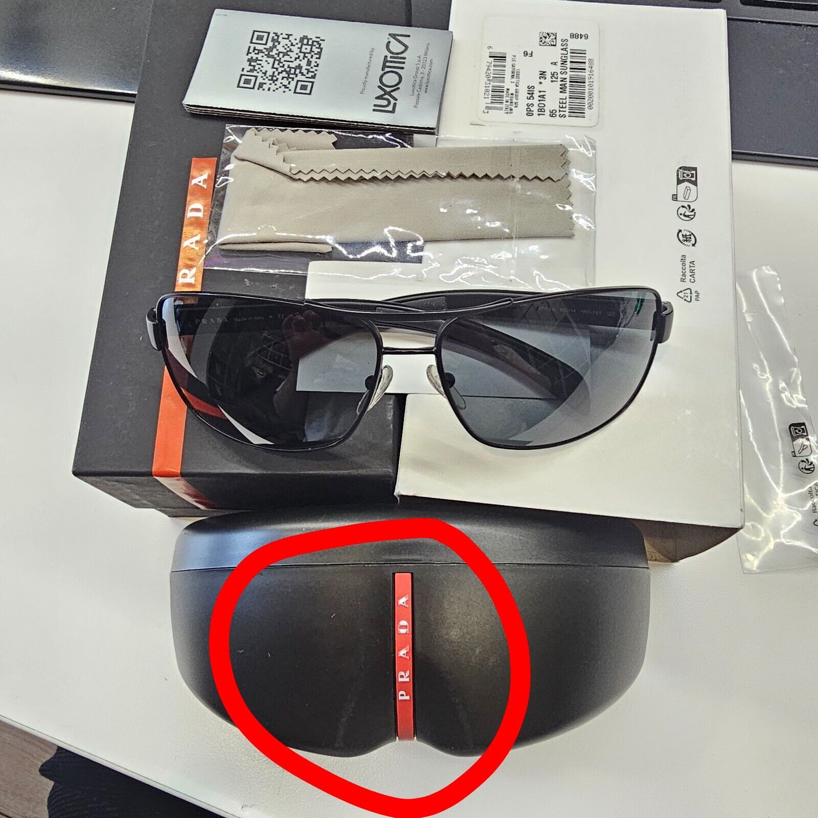 Prada Sunglasses Black Square Square Metal Sport Red Stripe SPS 54I 1BO-1A1 [C]
