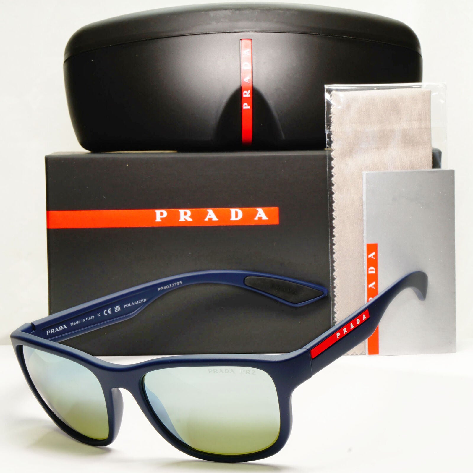 Prada Polarized Blue Silver Sunglasses Green Mirror PS01US SPS 01U TFY-740