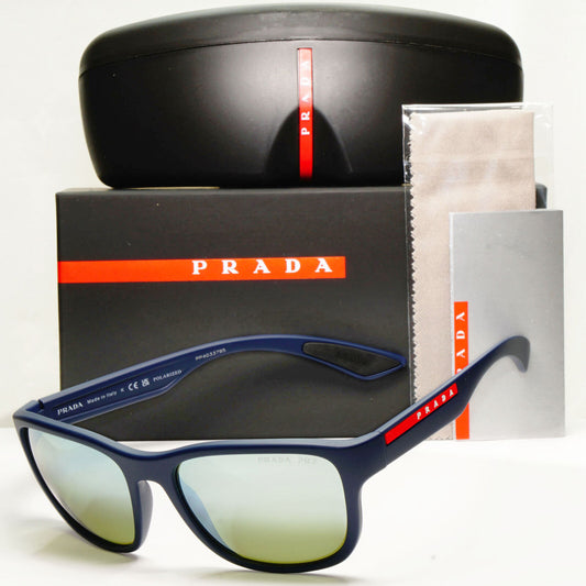Prada Polarized Blue Silver Sunglasses Green Mirror PS01US SPS 01U TFY-740