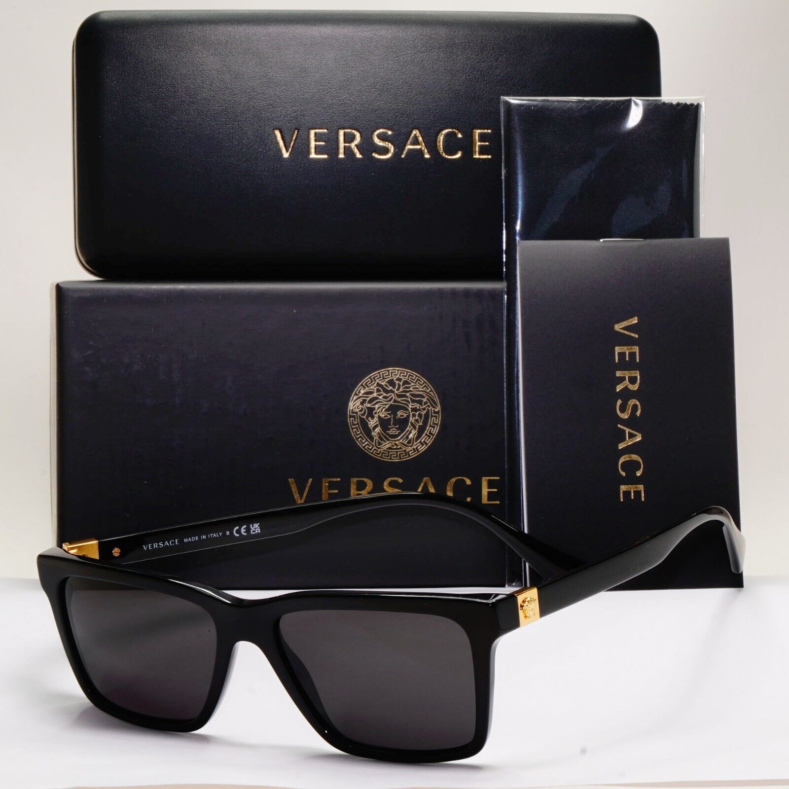 Versace Sunglasses Black Square Glossy Gold Medusa MOD VE 3328 GB1 54mm