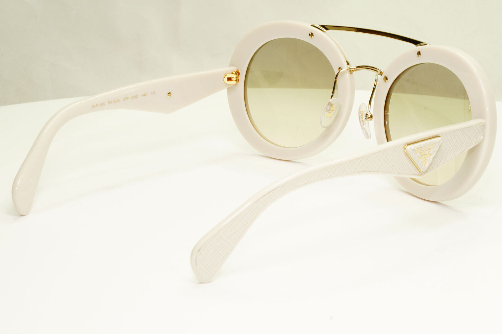 Prada White Ivory Ornate Sunglasses Leather Triangle Gold PR15SS SPR 15S UFP-3H2