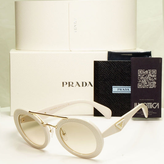 Prada White Ivory Ornate Sunglasses Leather Triangle Gold PR15SS SPR 15S UFP-3H2