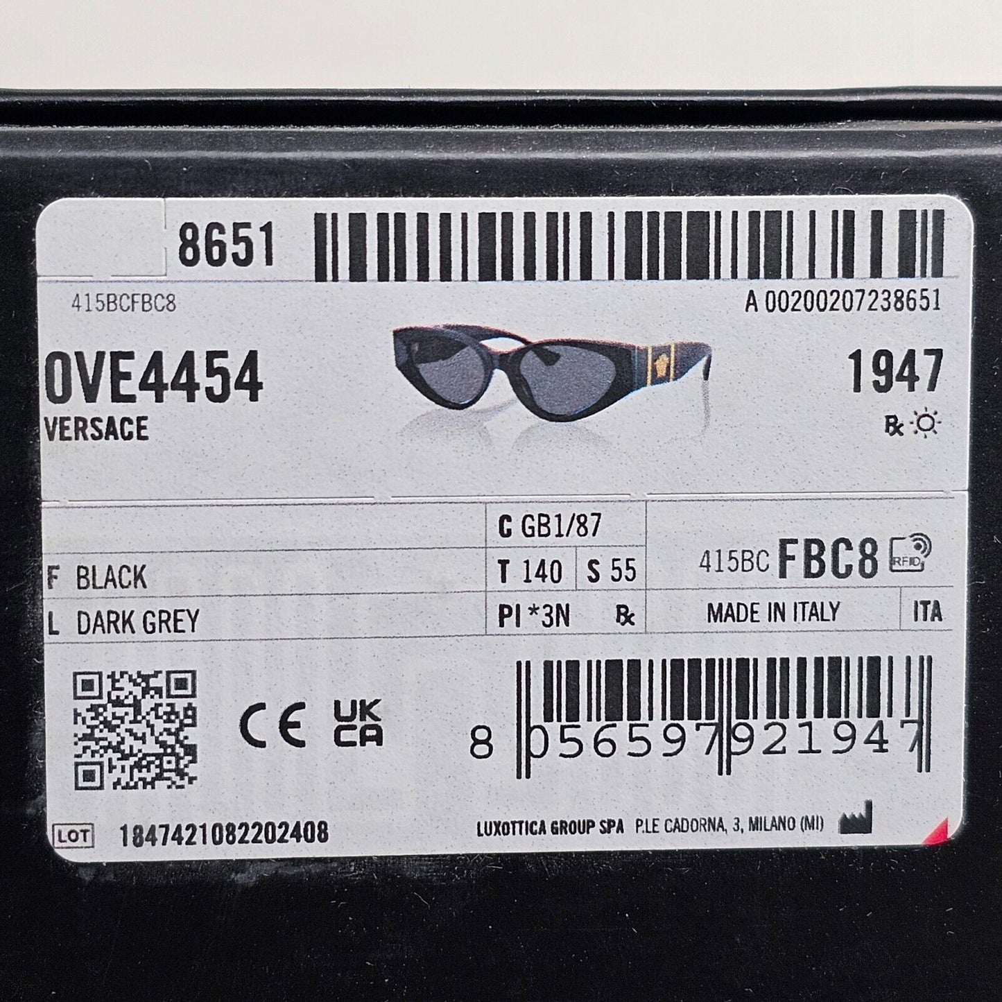 Versace Sunglasses Black Rectangle Grey Gold Medusa MOD VE 4454 GB1/87