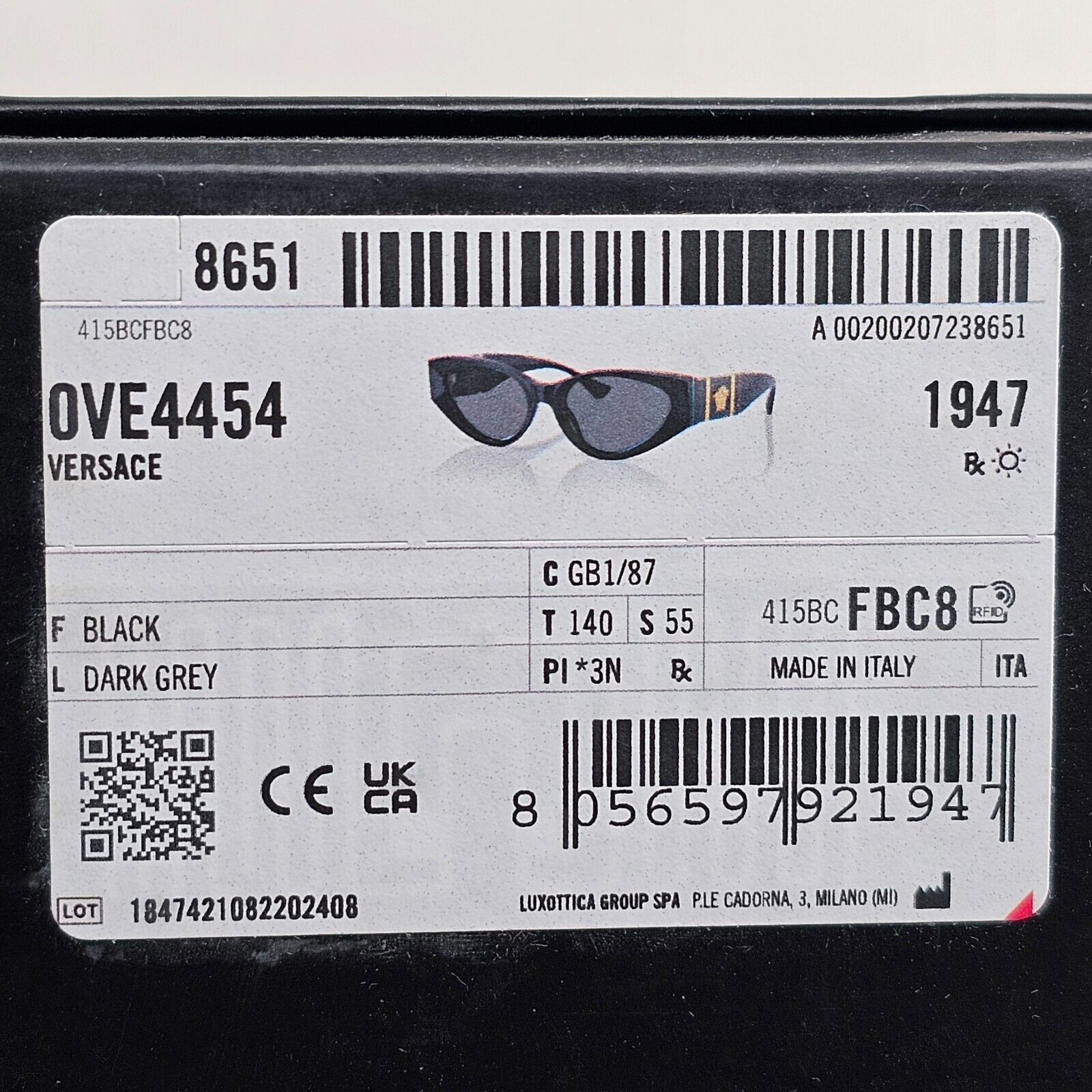 Versace Sunglasses Black Rectangle Grey Gold Medusa MOD VE 4454 GB1/87