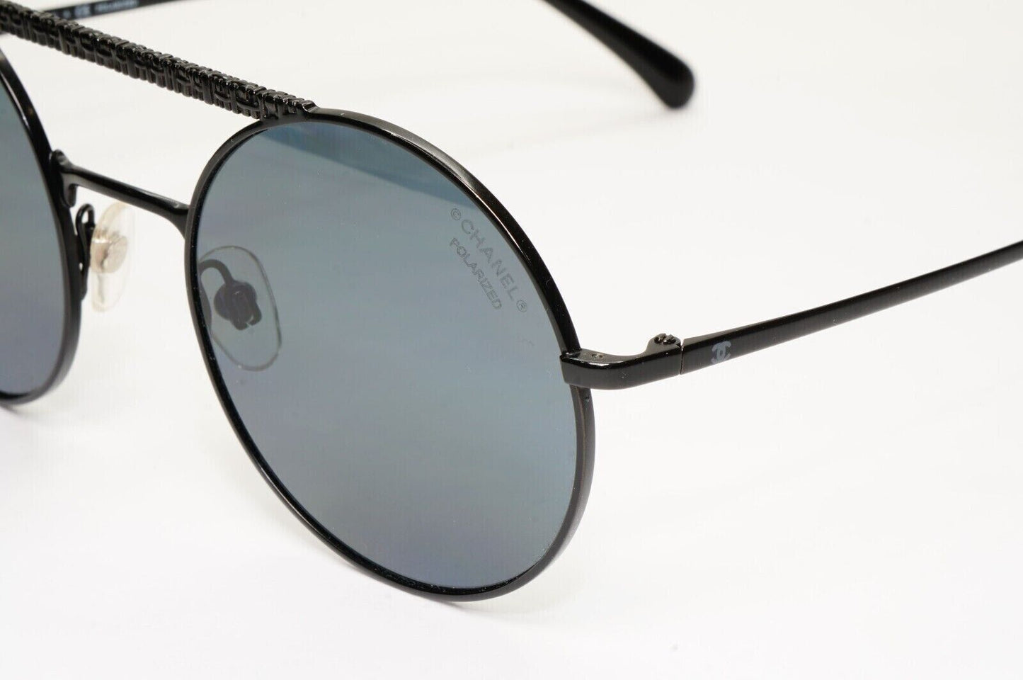 Chanel Black Polarized Sunglasses Round Metal Pilot Grey 4232 c.101/T8
