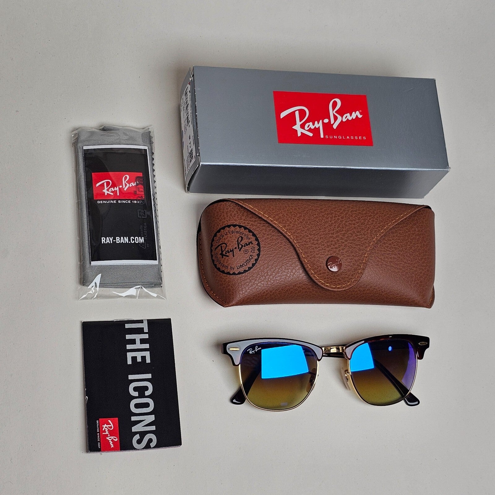 Ray-Ban Sunglasses Clubmaster Blue Mirror Brown Red Havana RB 3016 990/7Q 49mm