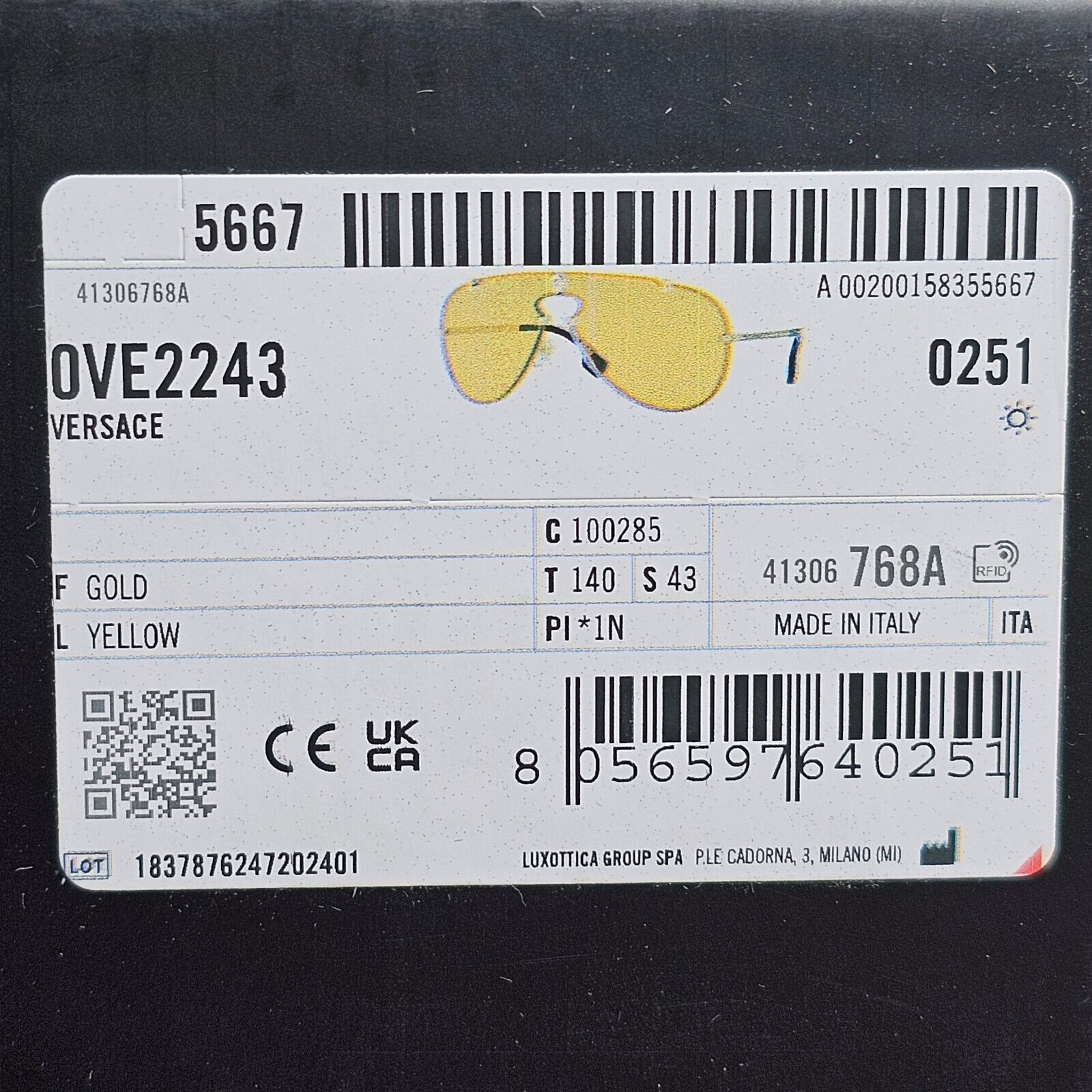 Versace Sunglasses Gold Yellow Pilot Shield Medusa Visor MOD VE 2243 1002/85