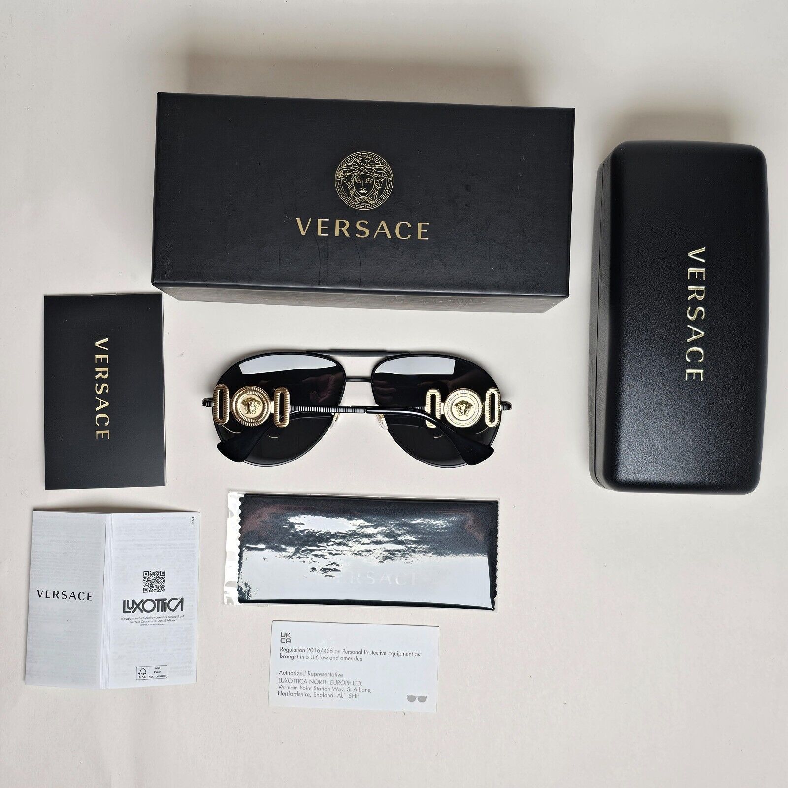 Versace Sunglasses Black Matte Gold Medusa Pilot MOD VE 2249 1261/87 65mm