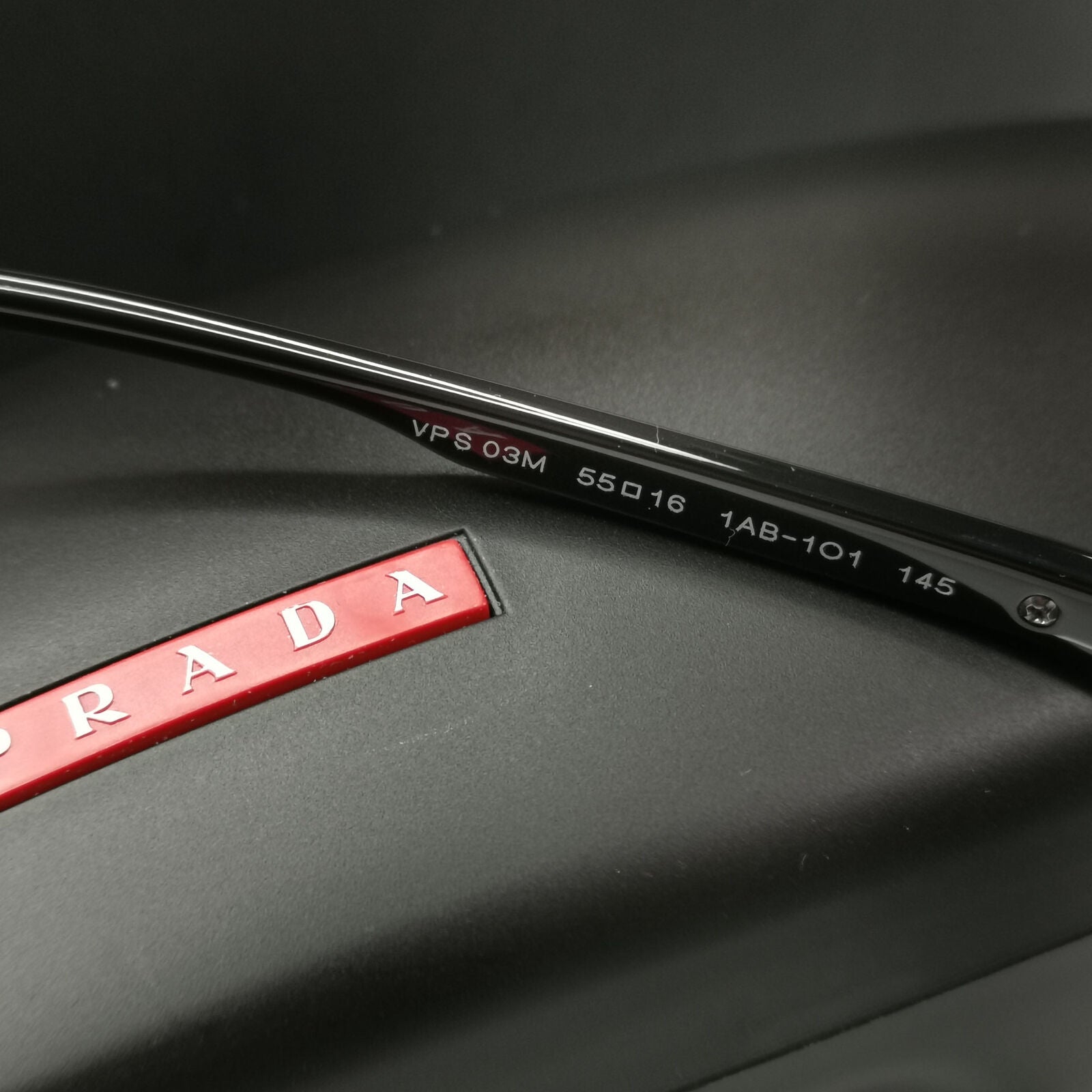 Prada Sunglasses Black Glossy Square Red Stripe PS03MV VPS 03M 1AB-1O1 55mm