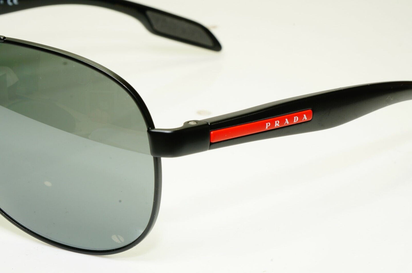 Prada Black Grey Mirror Pilot Sunglasses Mens SPS 53P 1BO-7W1 Red Stripe Sport