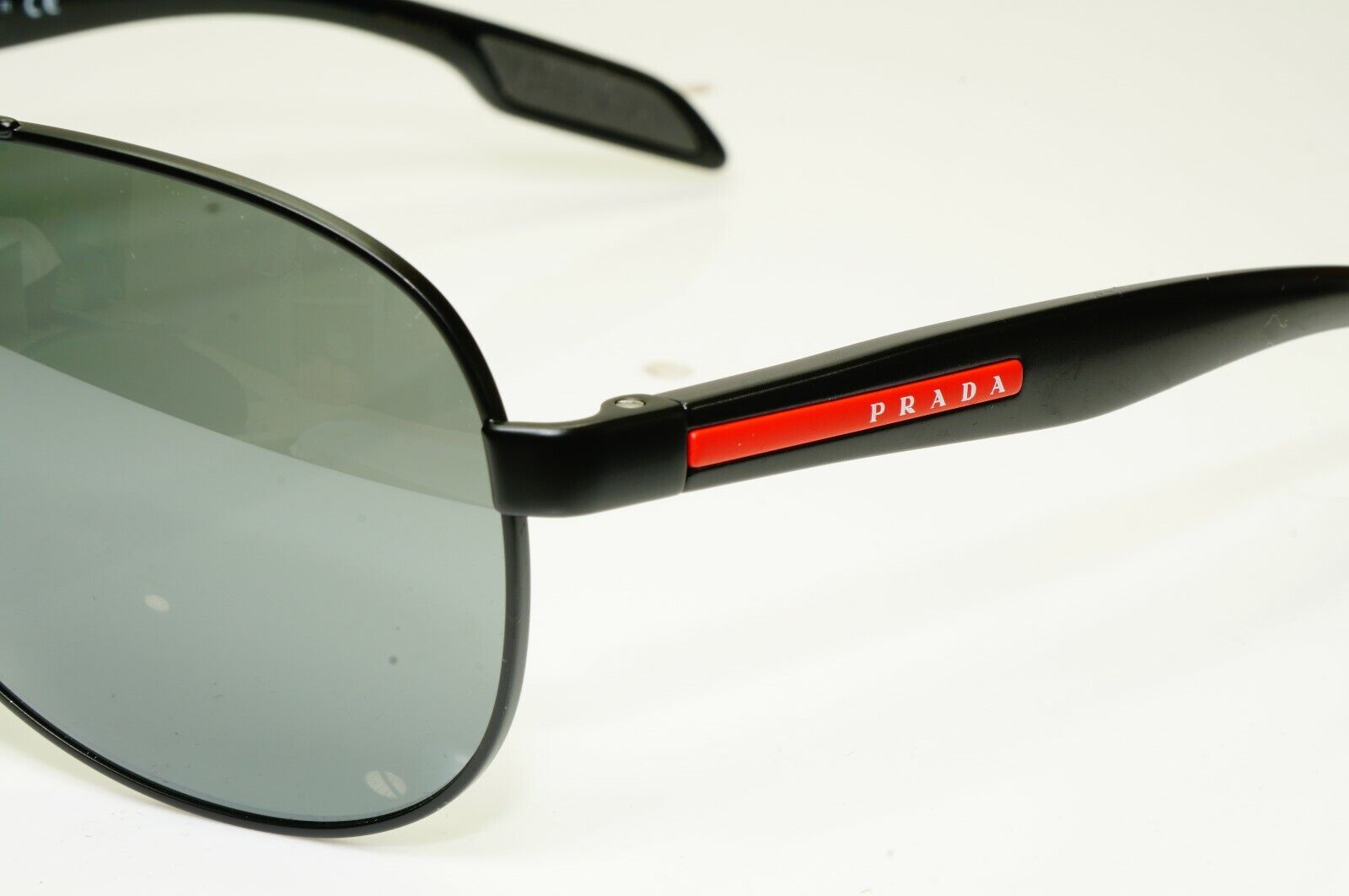 Prada Black Grey Mirror Pilot Sunglasses Mens SPS 53P 1BO-7W1 Red Stripe Sport