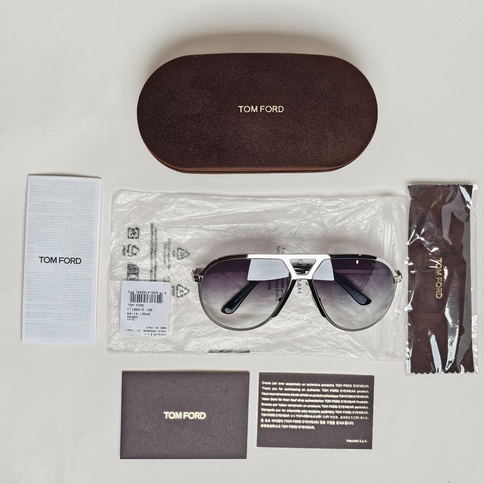 Tom Ford Sunglasses Xavier Silver Grey Gradient Large Pilot Metal TF 1060 16B