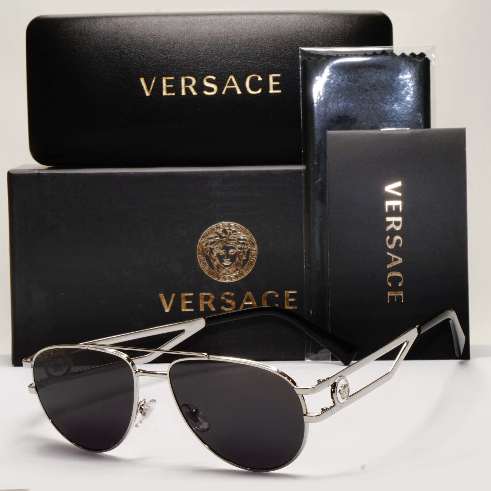 Versace Sunglasses Silver Medusa Metal Pilot Unisex MOD VE 1269 1000 55mm