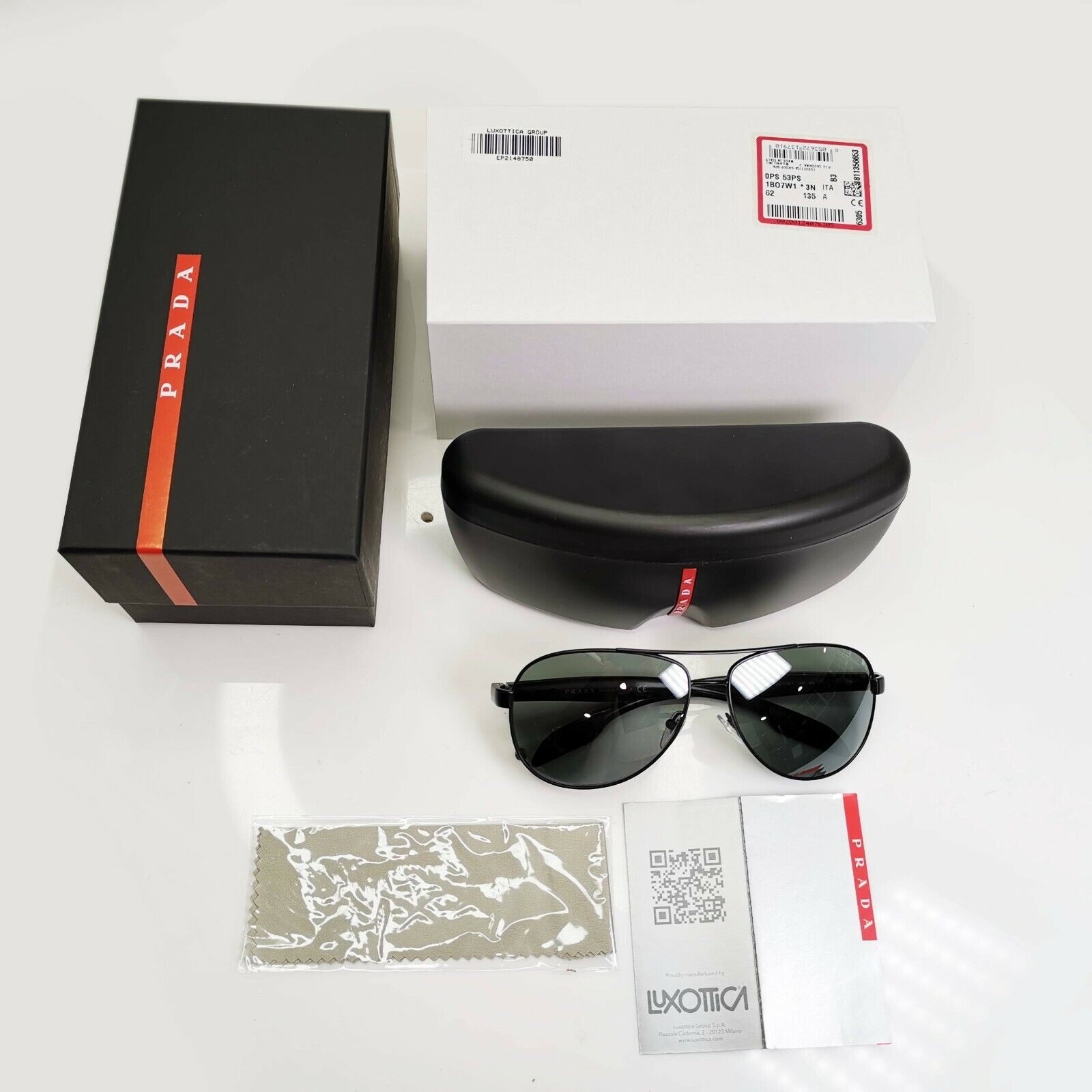 Prada Black Grey Mirror Pilot Sunglasses Mens SPS 53P 1BO-7W1 Red Stripe Sport