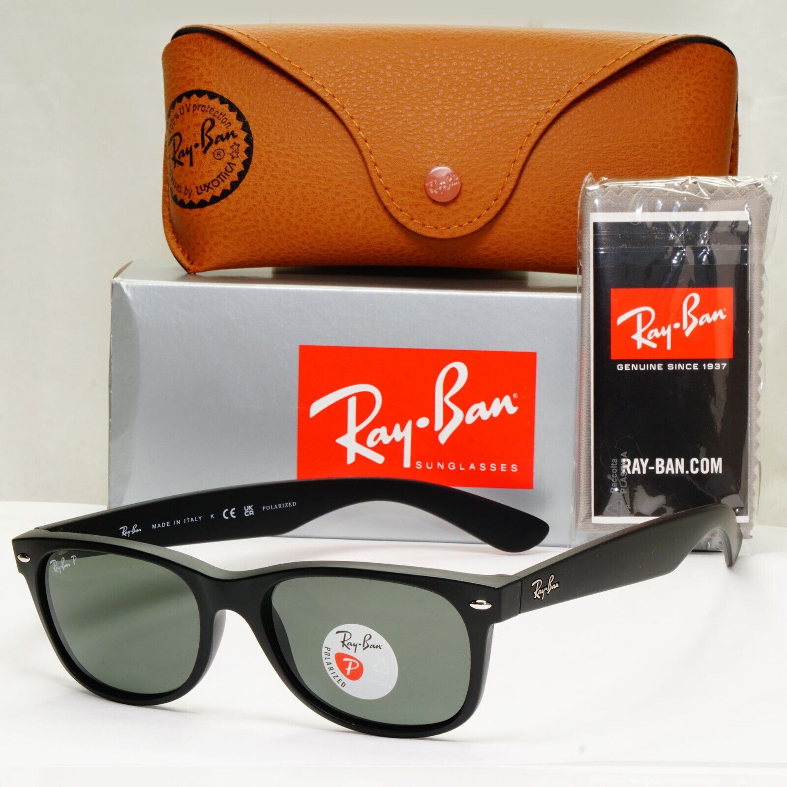 Ray-Ban Sunglasses Polarised Black Rubber Green RB 2132 New Wayfarer 622/58 55mm