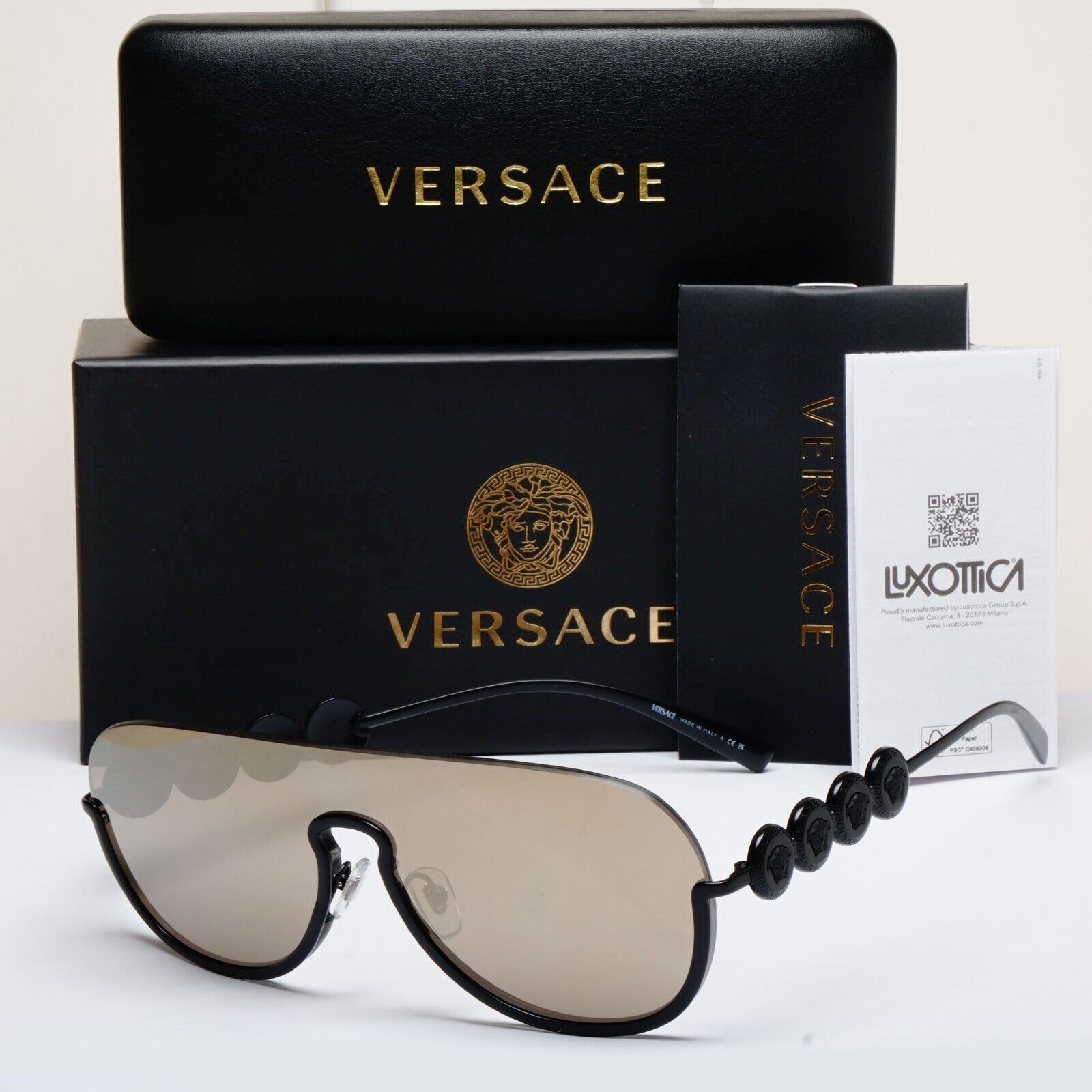Versace Sunglasses Black Gold Mirror Shield Medusa MOD VE 2215 1261/5A