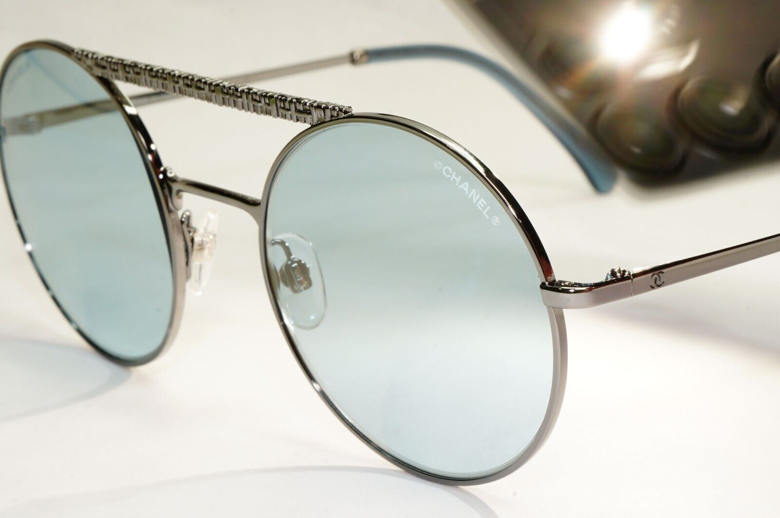 Chanel Sunglasses Blue Grey Gunmetal Round Pilot Metal 4232 c.108/65 200324