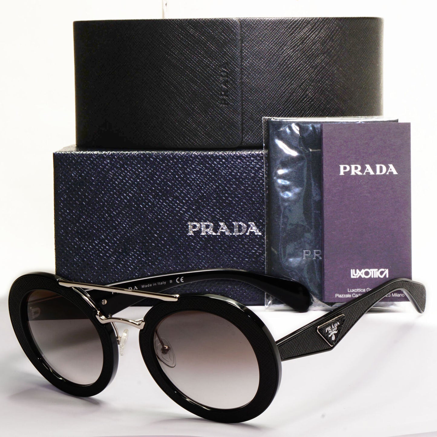 Prada Sunglasses Black Triangle Saffiano Leather PR15SS SPR 15S 1AB-0A7 190224