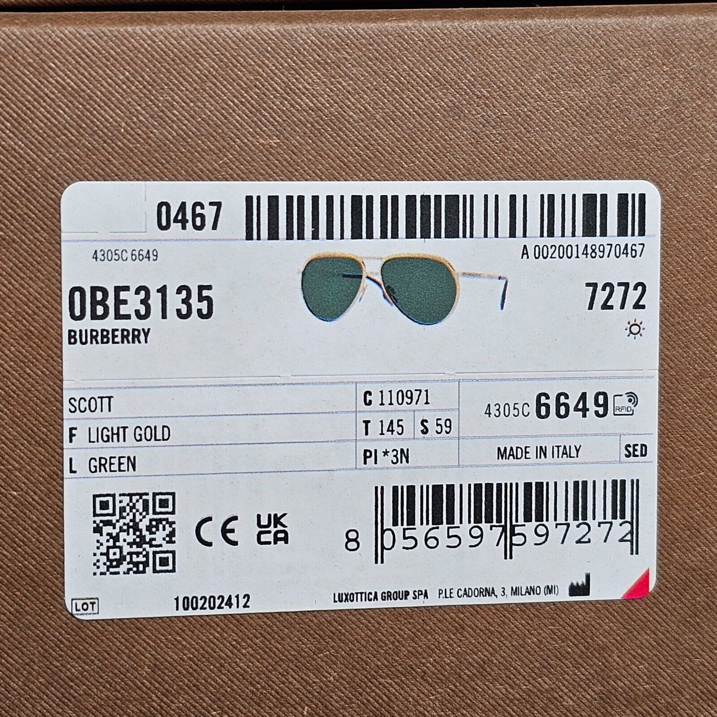 Burberry Sunglasses Scott Light Gold Green Metal Pilot BE 3135 1109/71 59mm