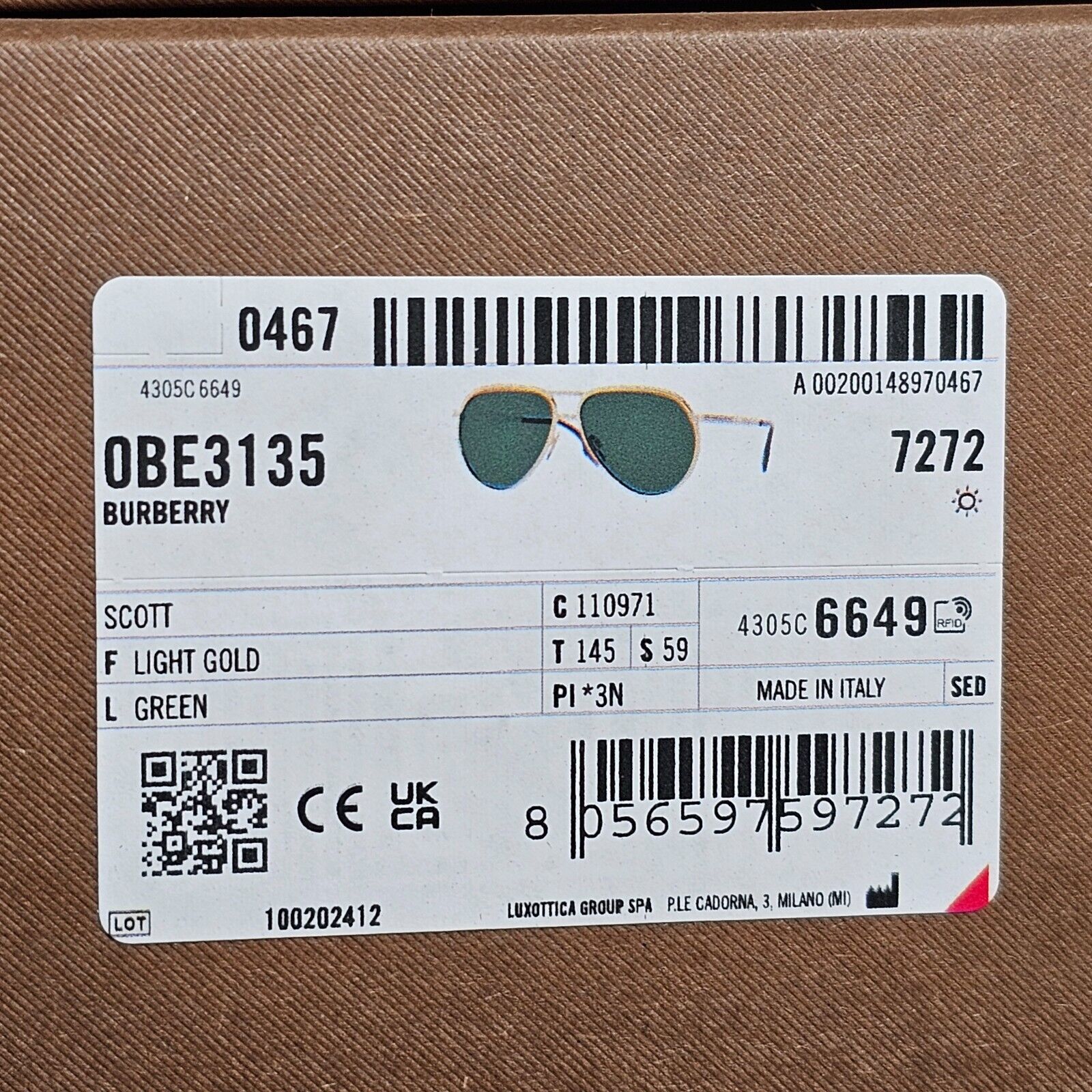 Burberry Sunglasses Scott Light Gold Green Metal Pilot BE 3135 1109/71 59mm