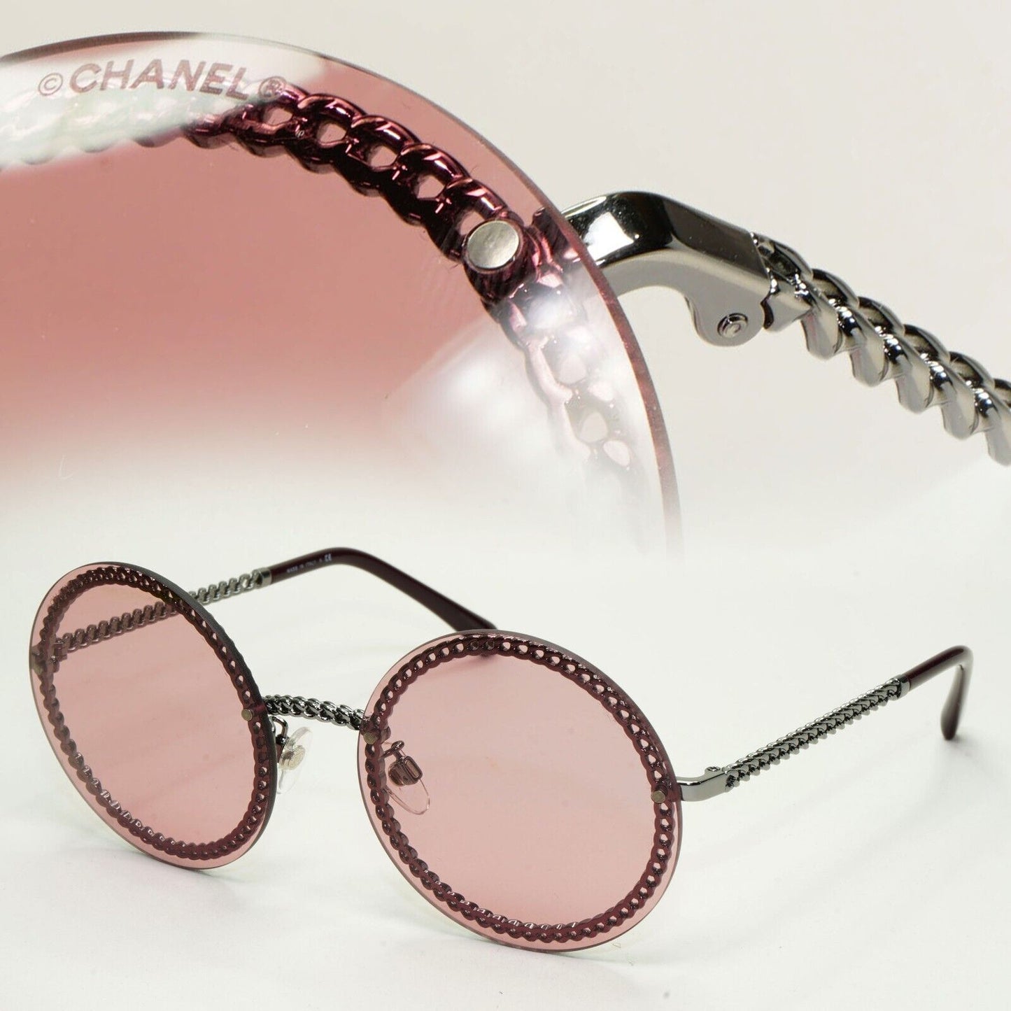 Chanel Sunglasses Chain Round Rimless Metal Grey Gunmetal Pink CH 4245 c.108/D8