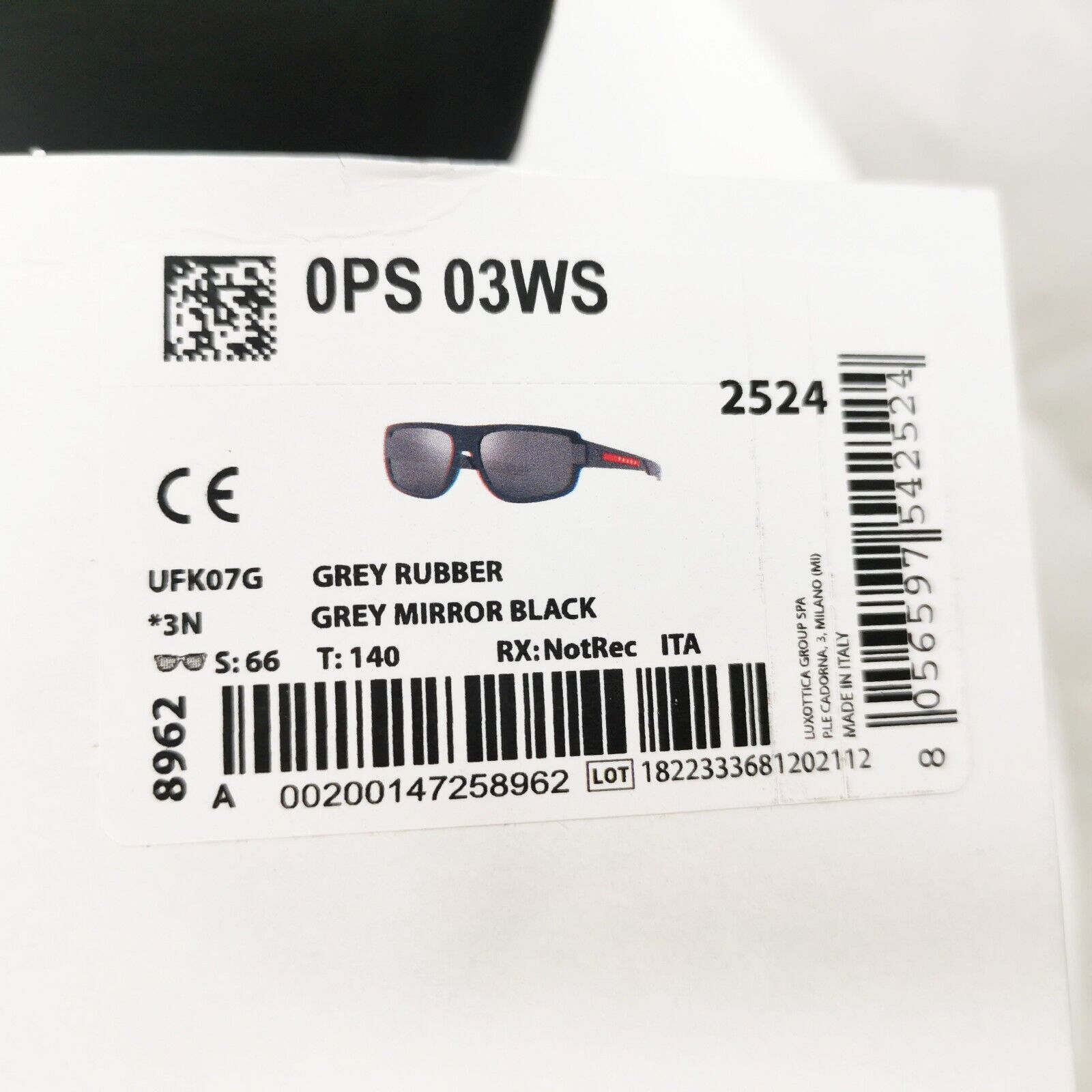Prada Sunglasses Grey Mirror Red Stripe Rossa Rectangle SPS 03W UFK-07G PS03WS