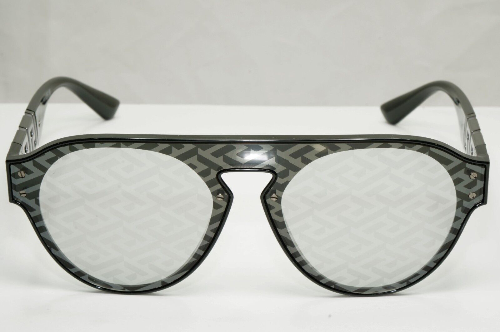 Versace Monogram Mirror Sunglasses Black Silver Pattern Pilot VE 4420 GB1/AL