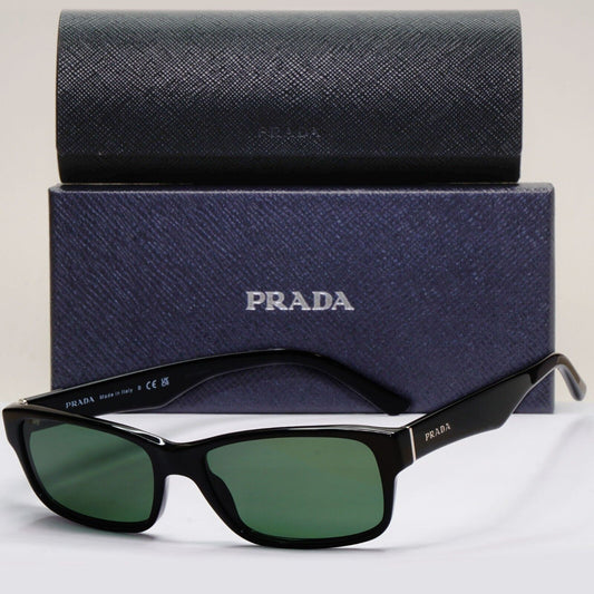Prada Sunglasses Black Green Glossy Rectangle Square PR16MV VPR 16M 1AB-1O1 53mm