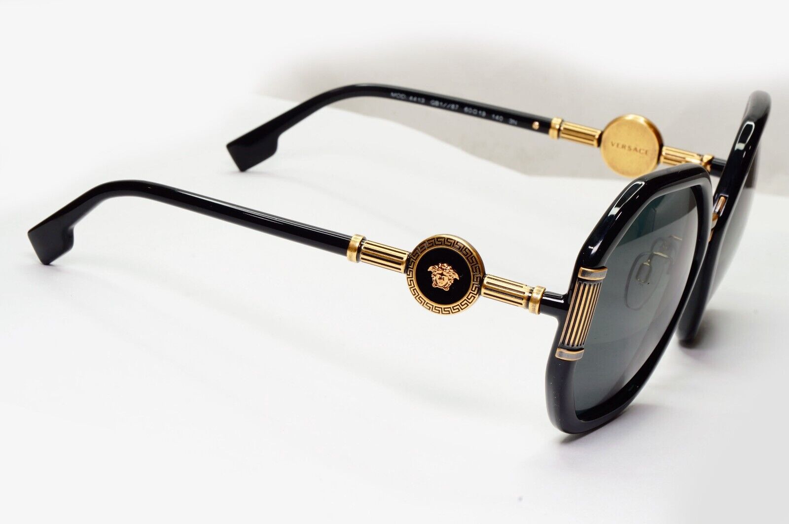 Versace Sunglasses Black Gold Medusa Grey Hexagon Oversized MOD 4413 GB1/87