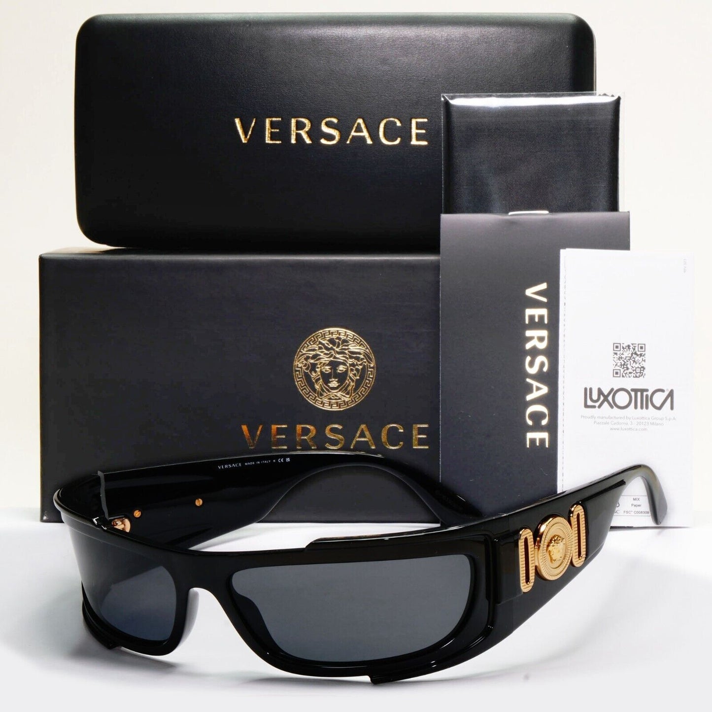 Versace Sunglasses Black Gold Medusa Glossy Wrap MOD VE 4446 5360/87