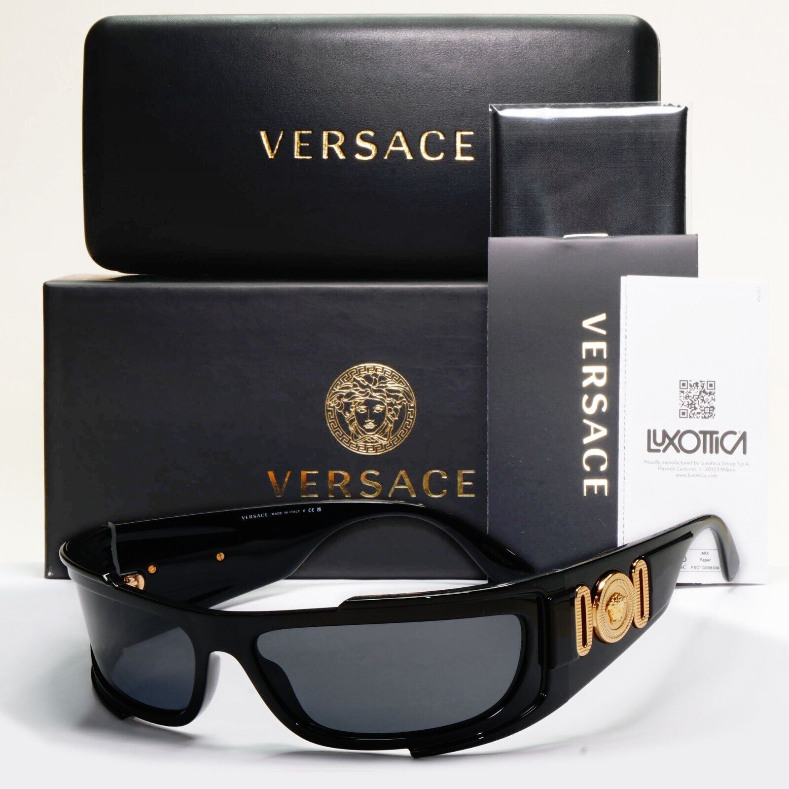Versace Sunglasses Black Gold Medusa Glossy Wrap MOD VE 4446 5360/87
