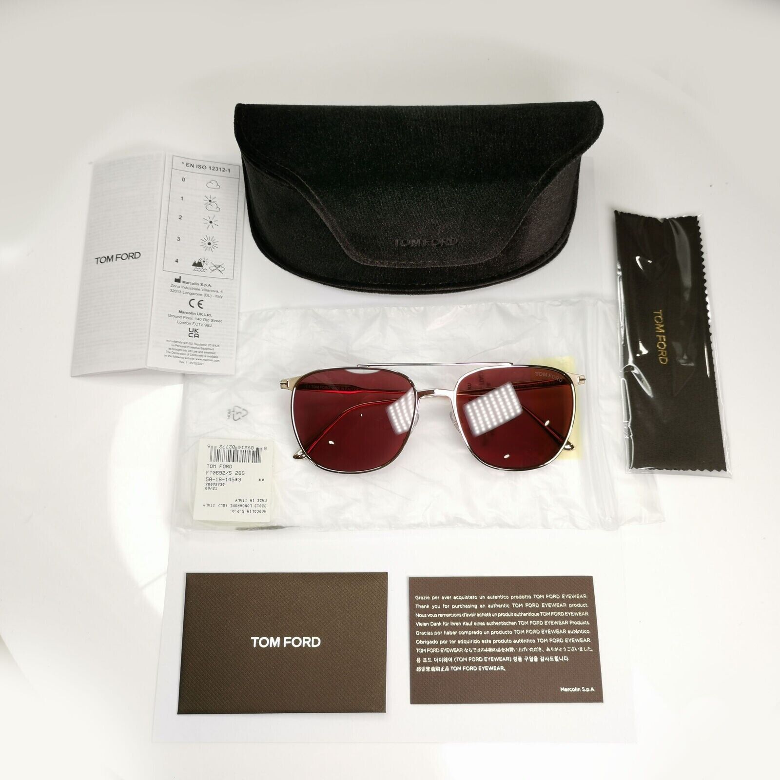 Tom Ford Gold Maroon Red Sunglasses Metal Square Pilot Kip TF 692 28S [B] 38998