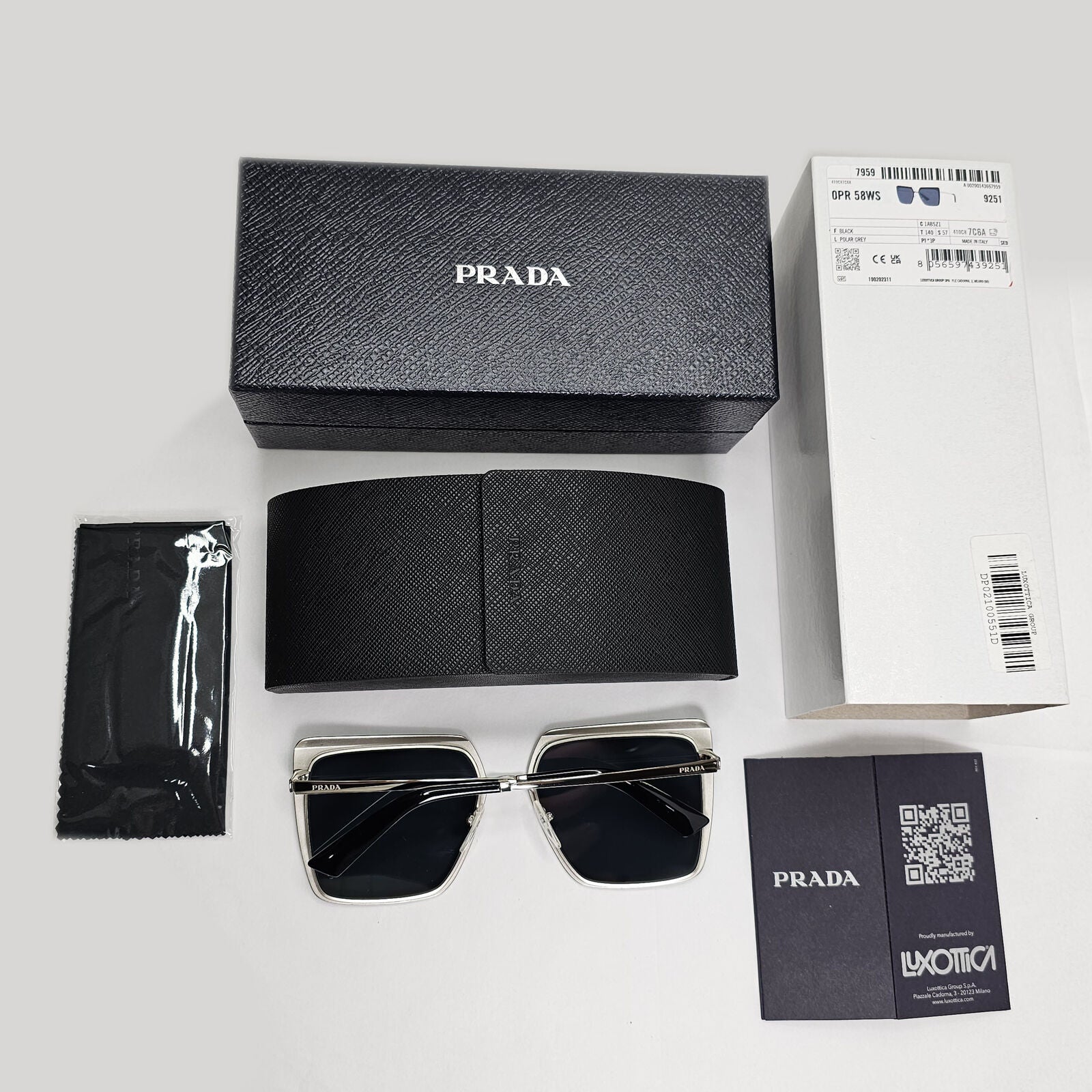 Prada Sunglasses Polarized Black Grey Square Metal PR58WS SPR 58W 1AB-5Z1 57mm