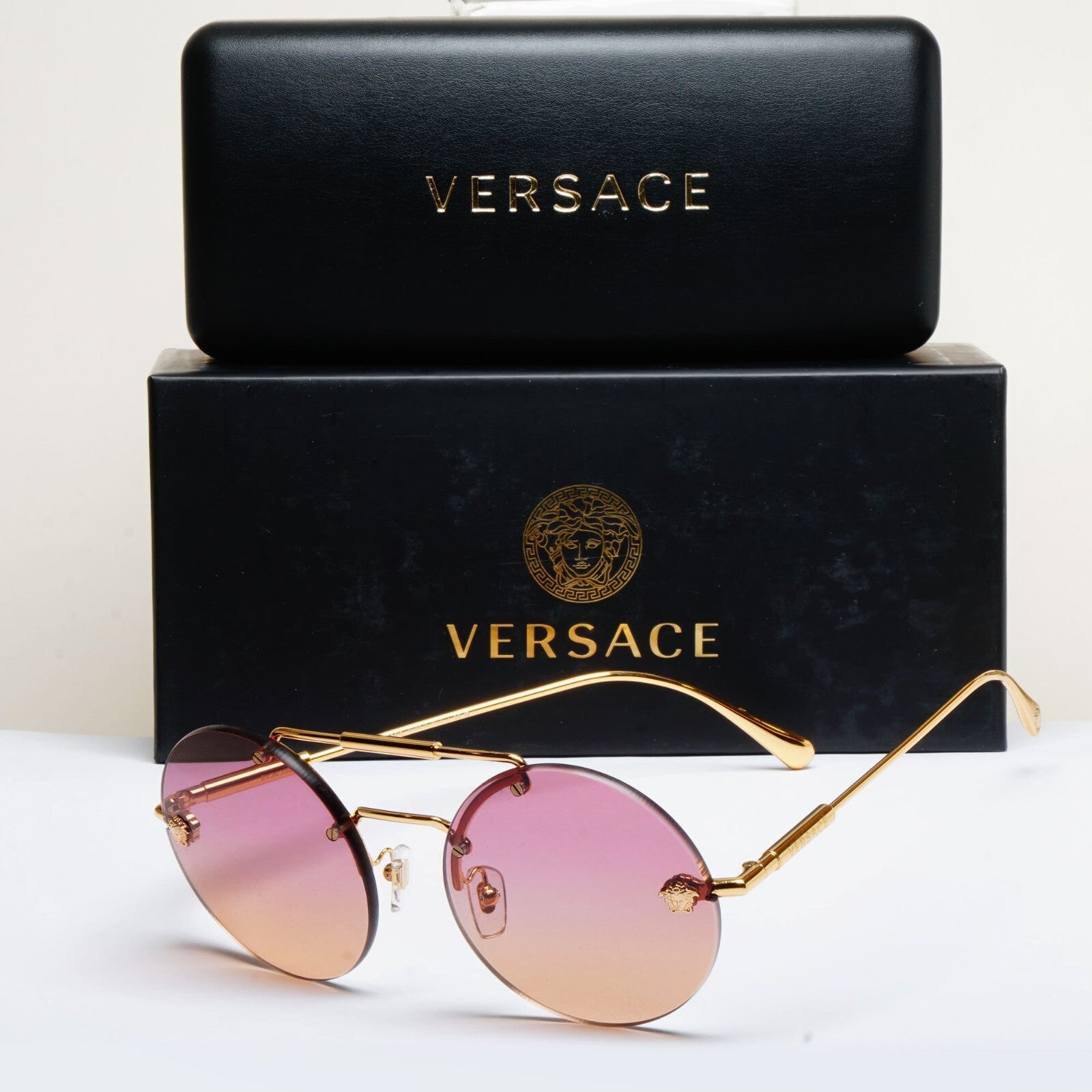 Versace Sunglasses Rimless Round Gold Fuchsia Orange MOD 2244 1002/78